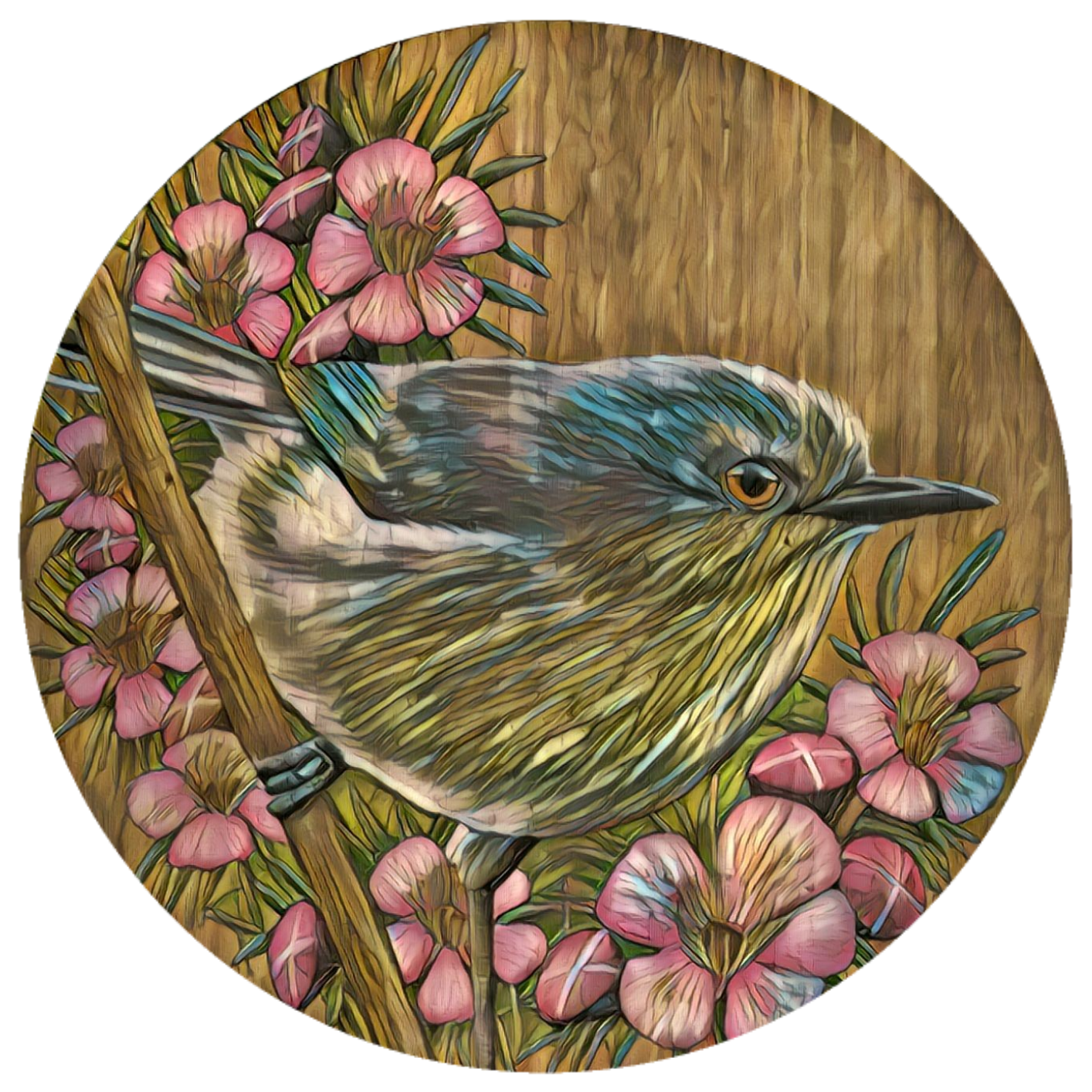 Grey Warbler and manuka flowers reworked art dot