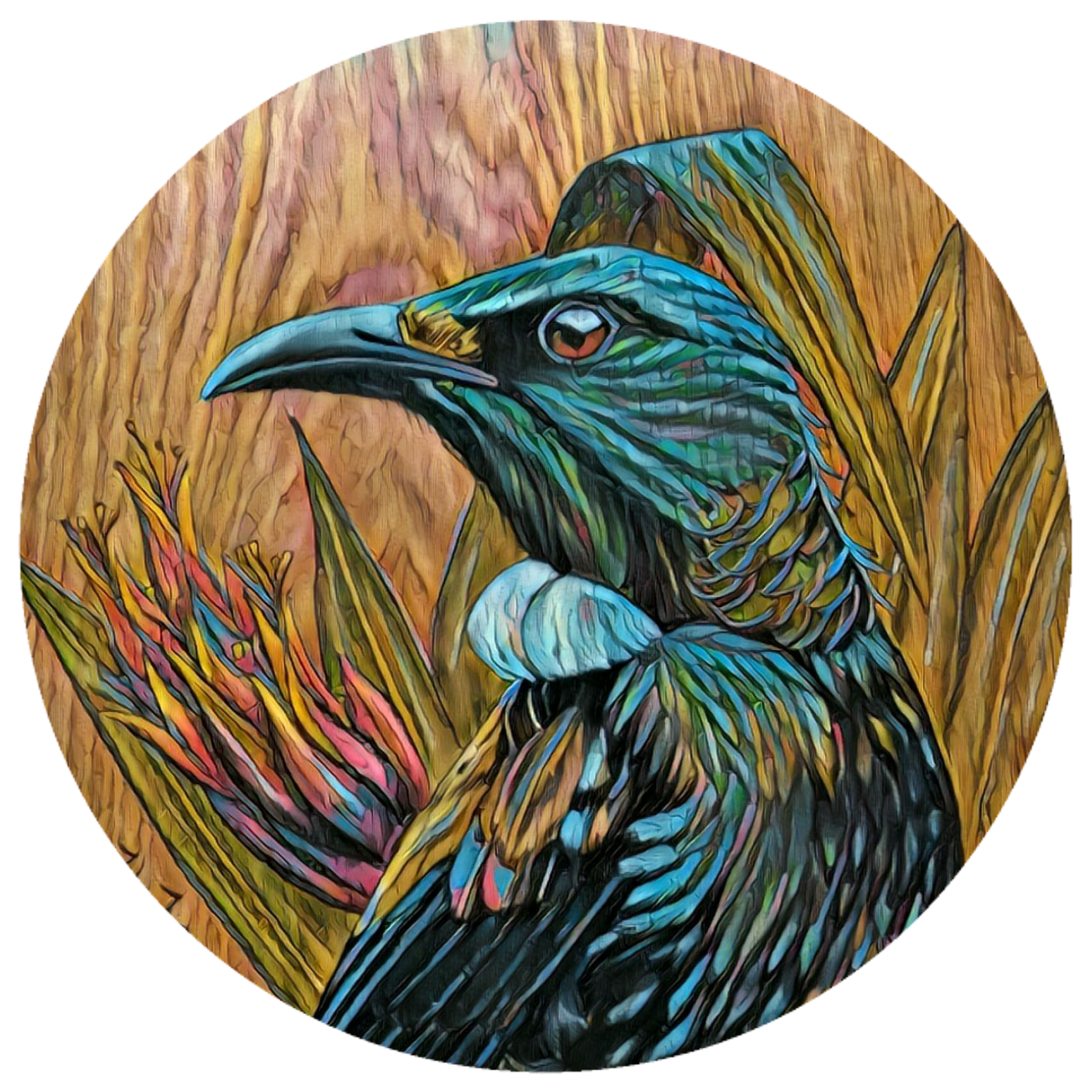 Tui in flax upon timber reworked art dot